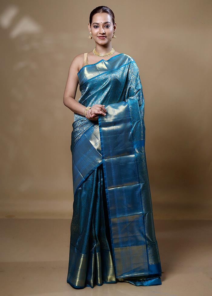 Blue Handloom Kanchipuram Pure Silk Saree With Blouse Piece