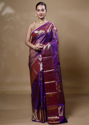 Violet Handloom Kanchipuram Pure Silk Saree With Blouse Piece