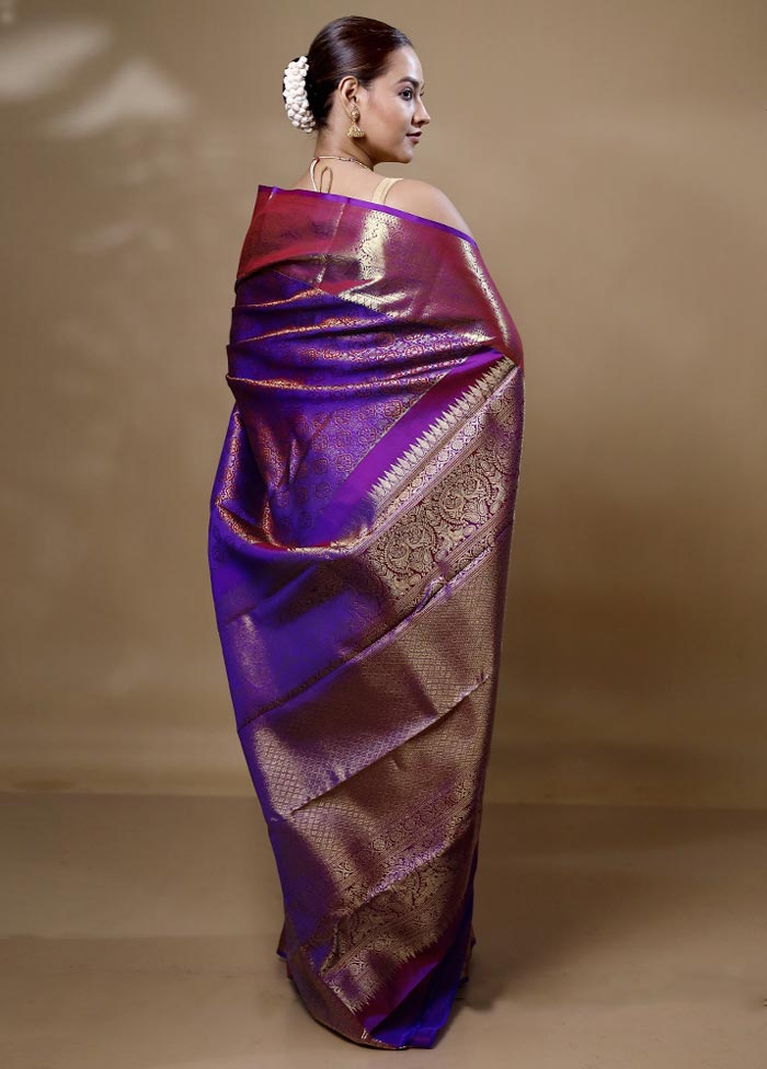 Violet Handloom Kanchipuram Pure Silk Saree With Blouse Piece