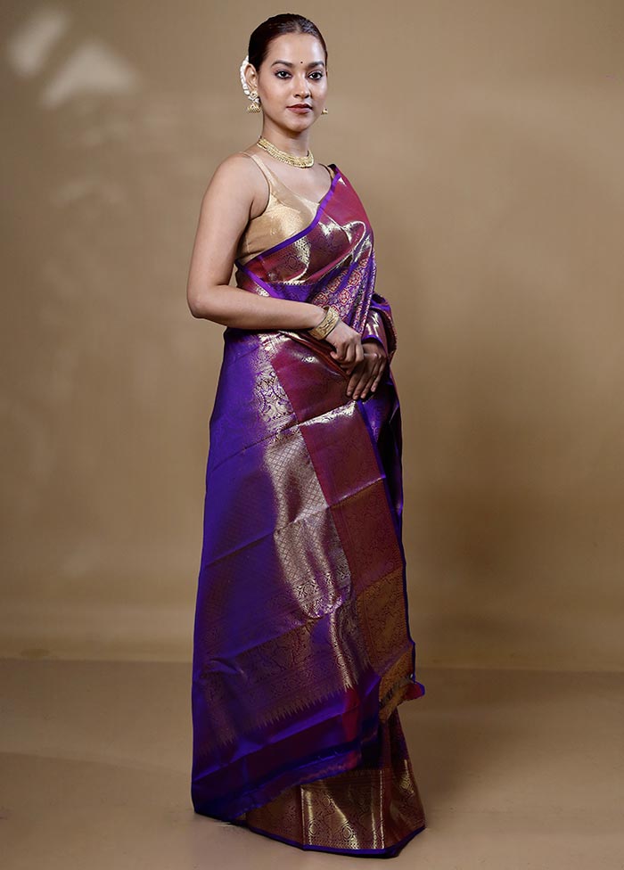 Violet Handloom Kanchipuram Pure Silk Saree With Blouse Piece