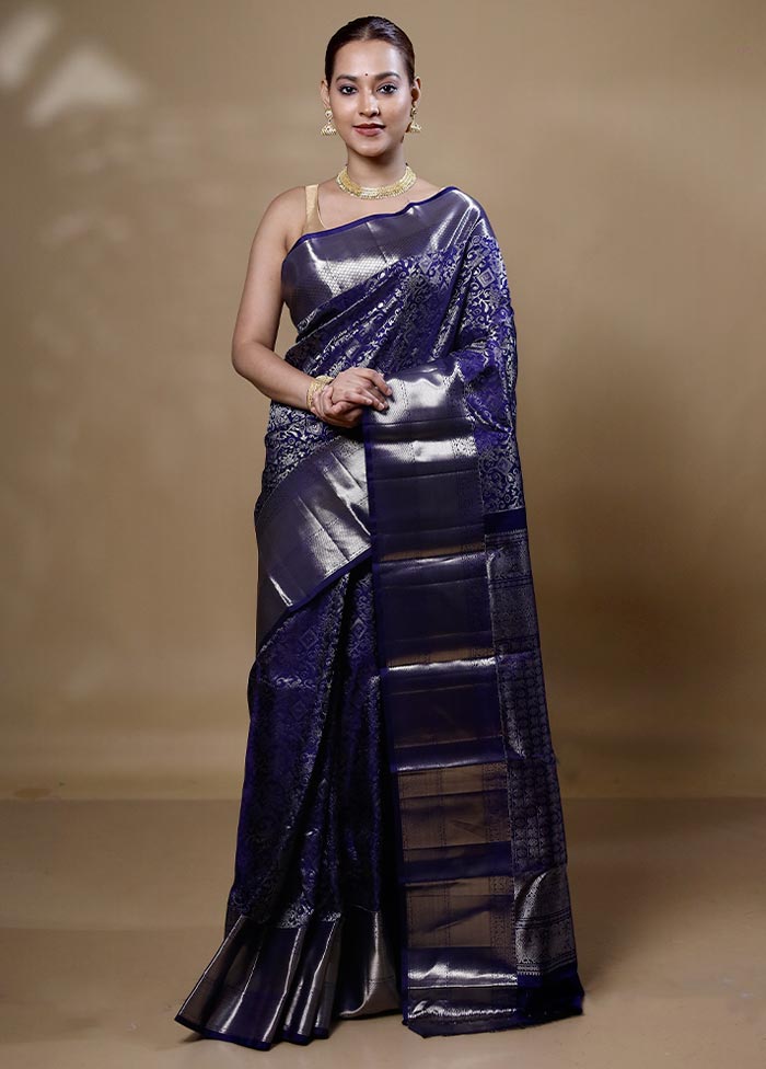 Blue Handloom Kanchipuram Pure Silk Saree With Blouse Piece