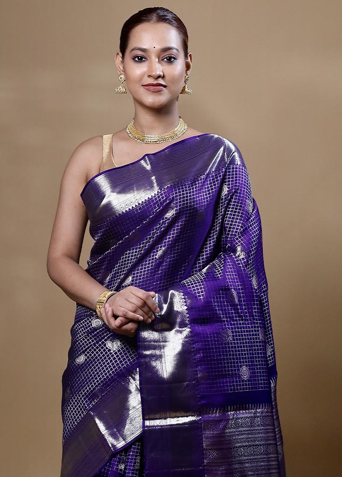 Violet Handloom Kanchipuram Pure Silk Saree With Blouse Piece