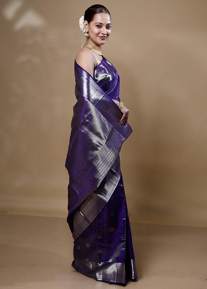 Violet Handloom Kanchipuram Pure Silk Saree With Blouse Piece