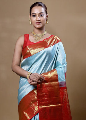 Blue Handloom Kanchipuram Pure Silk Saree With Blouse Piece