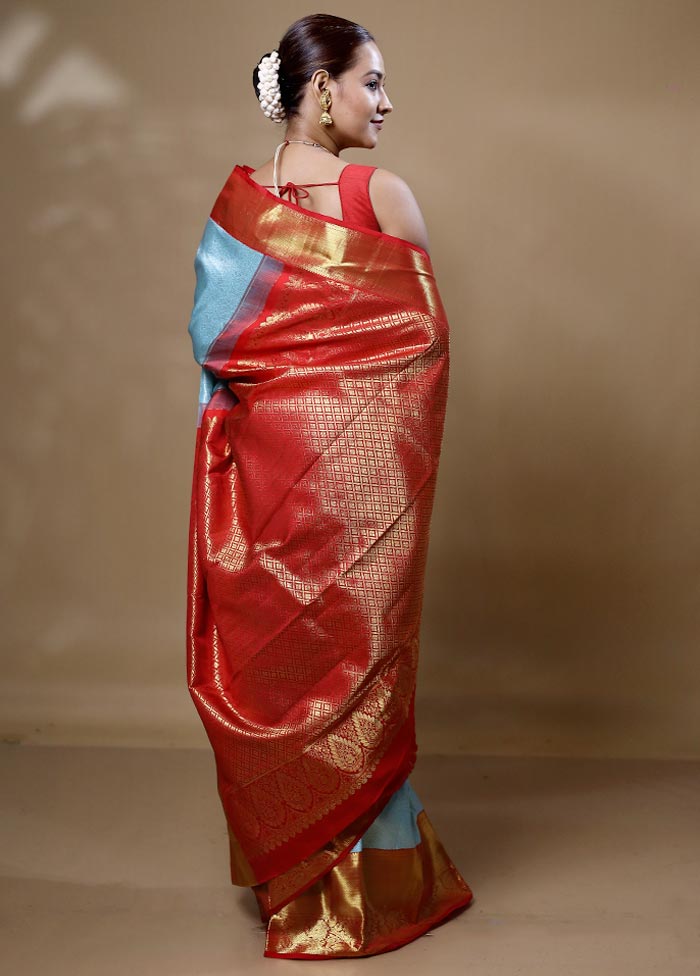 Blue Handloom Kanchipuram Pure Silk Saree With Blouse Piece