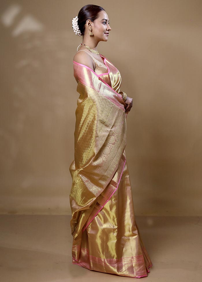 Yellow Handloom Kanchipuram Pure Silk Saree With Blouse Piece