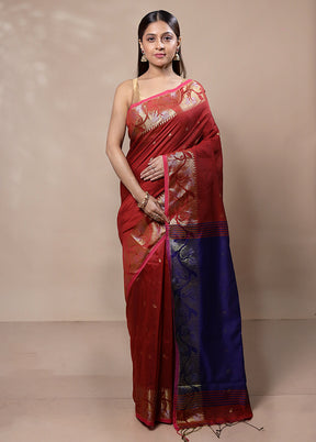 Red Khadi Cotton Saree With Blouse Piece