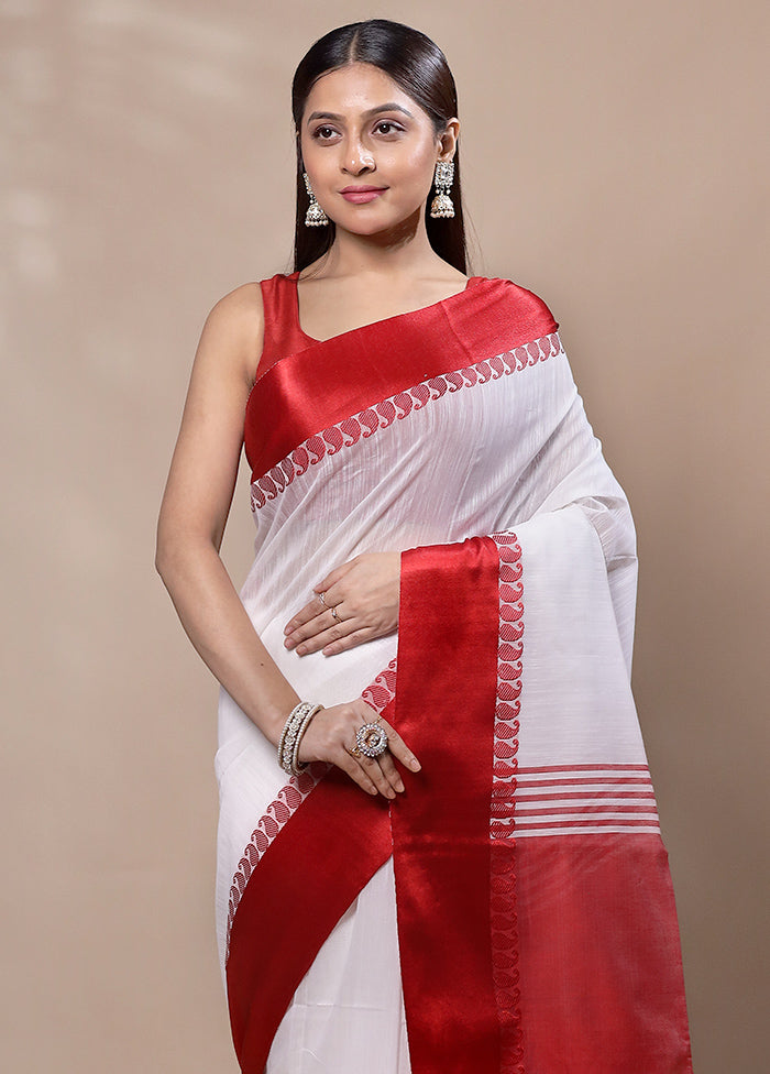 White Khadi Cotton Saree With Blouse Piece