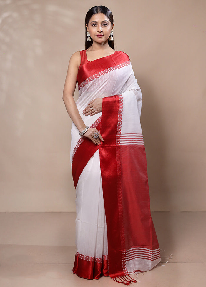 White Khadi Cotton Saree With Blouse Piece