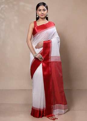 White Khadi Cotton Saree With Blouse Piece