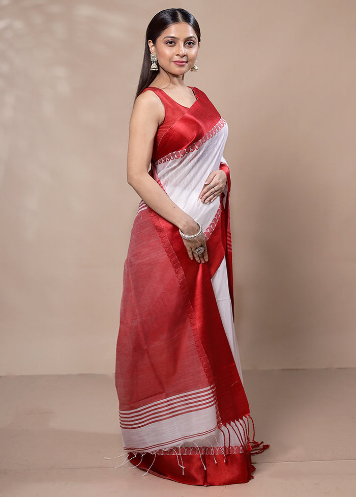 White Khadi Cotton Saree With Blouse Piece