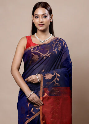 Blue Khadi Cotton Saree With Blouse Piece