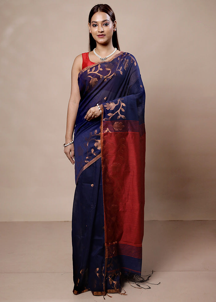 Blue Khadi Cotton Saree With Blouse Piece