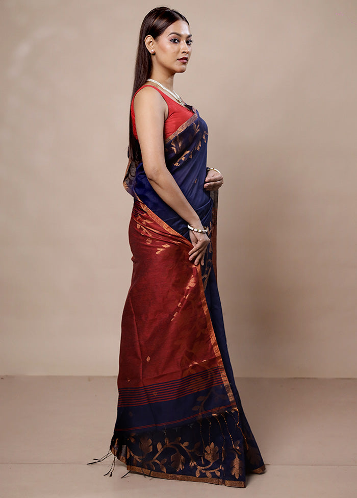 Blue Khadi Cotton Saree With Blouse Piece