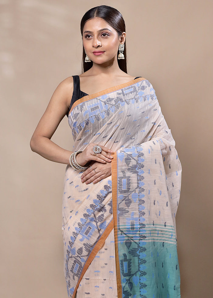 Cream Khadi Cotton Saree With Blouse Piece