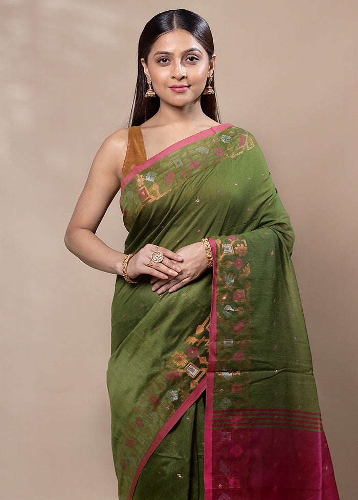 Green Khadi Cotton Saree With Blouse Piece