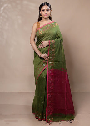 Green Khadi Cotton Saree With Blouse Piece