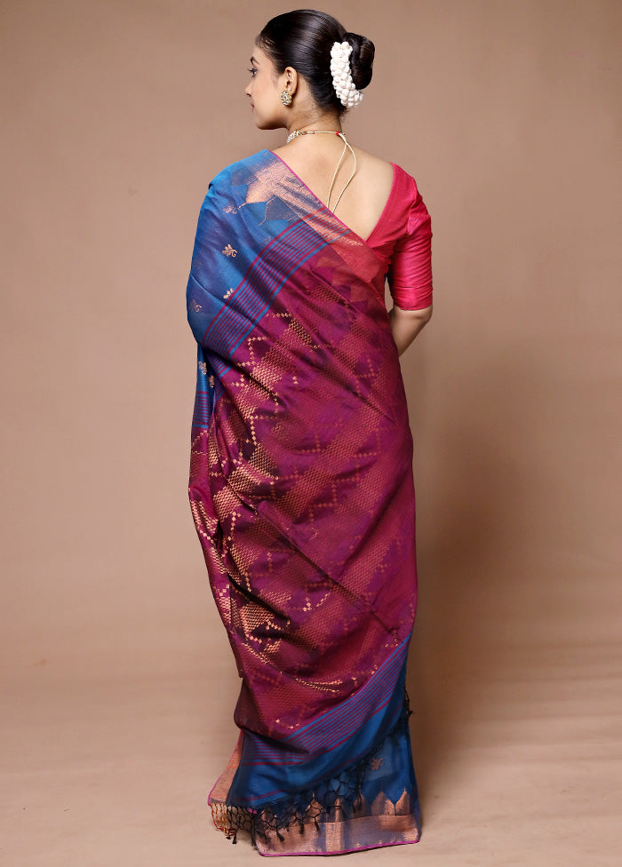 Blue Khadi Cotton Saree With Blouse Piece