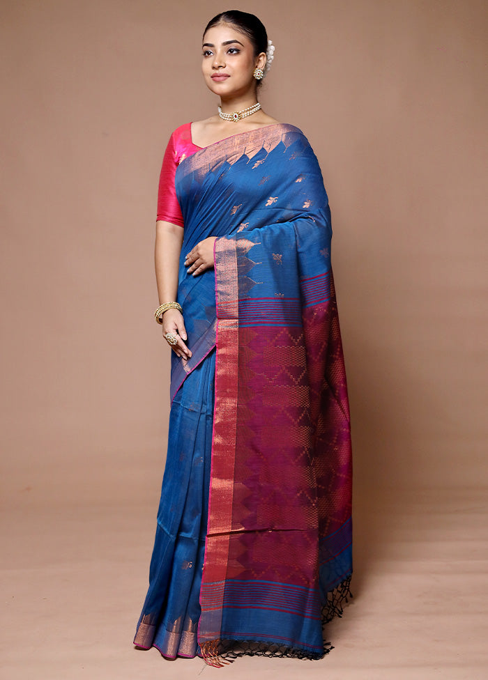 Blue Khadi Cotton Saree With Blouse Piece