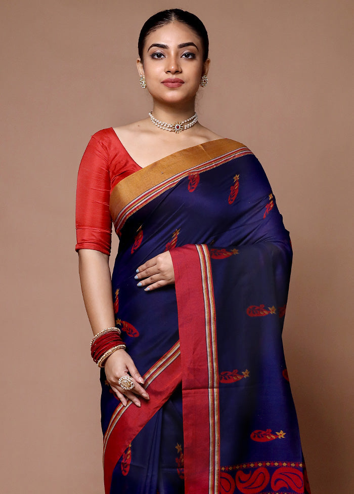 Blue Khadi Cotton Saree With Blouse Piece