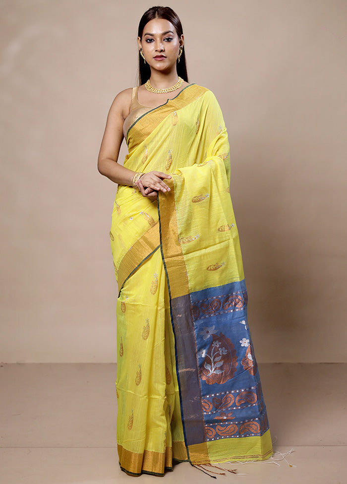 Yellow Khadi Cotton Saree With Blouse Piece