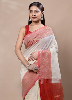 White Khadi Cotton Saree With Blouse Piece