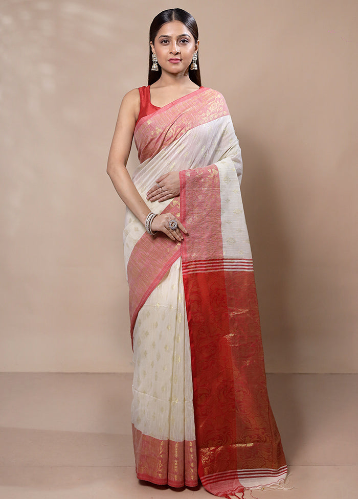 White Khadi Cotton Saree With Blouse Piece