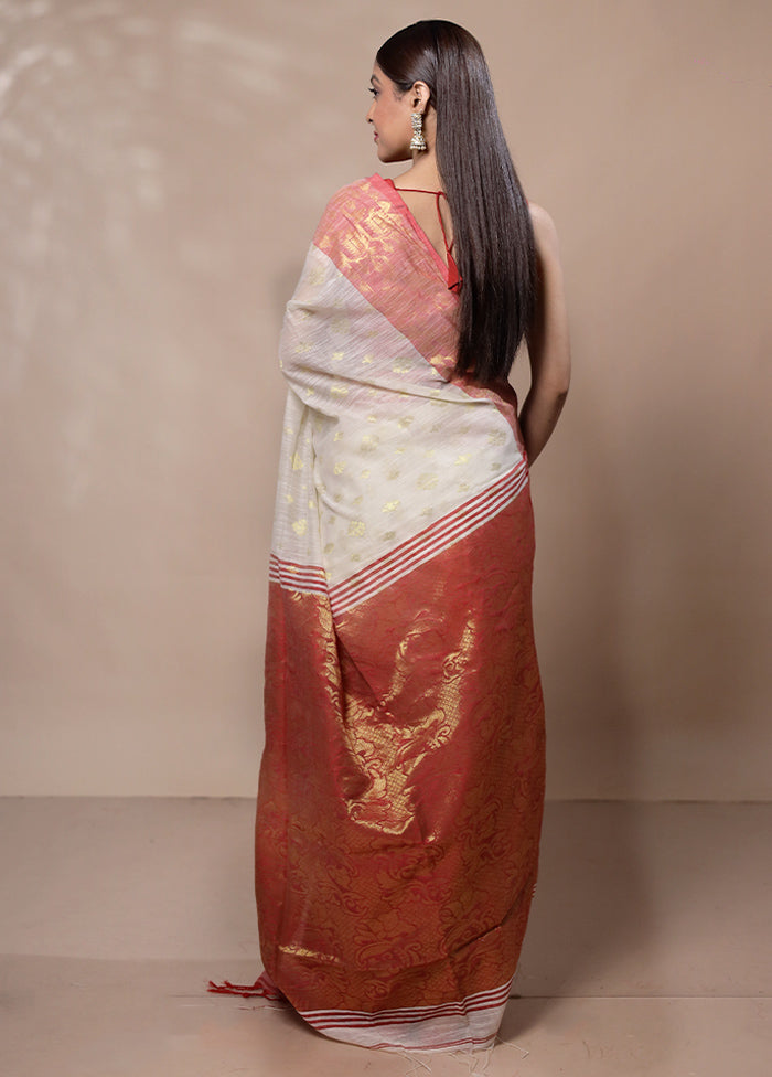 White Khadi Cotton Saree With Blouse Piece