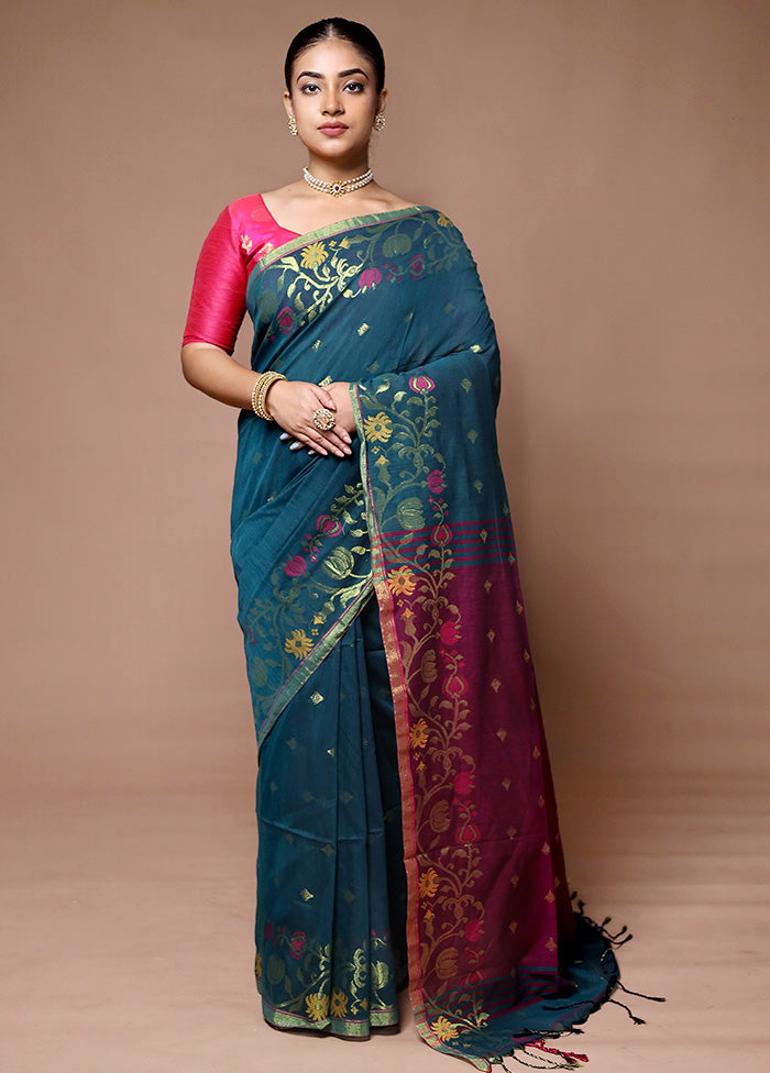 Blue Khadi Cotton Saree With Blouse Piece