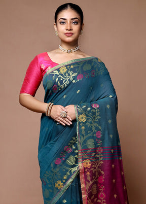 Blue Cotton Saree With Blouse Piece