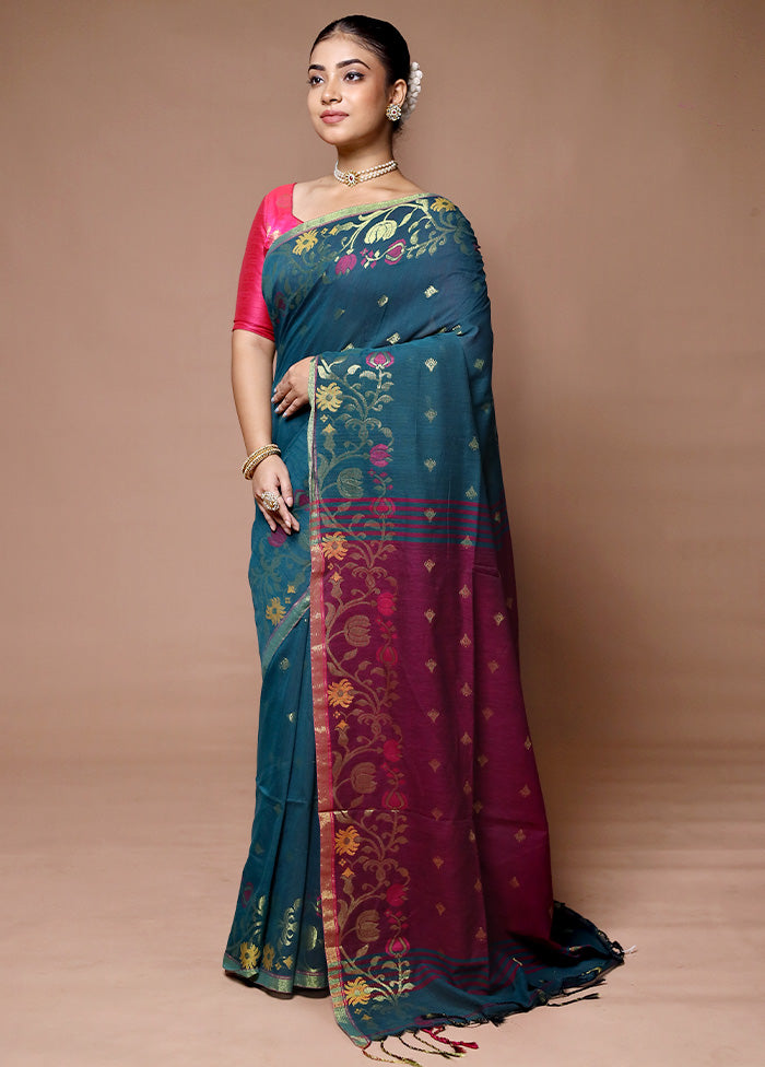 Blue Cotton Saree With Blouse Piece