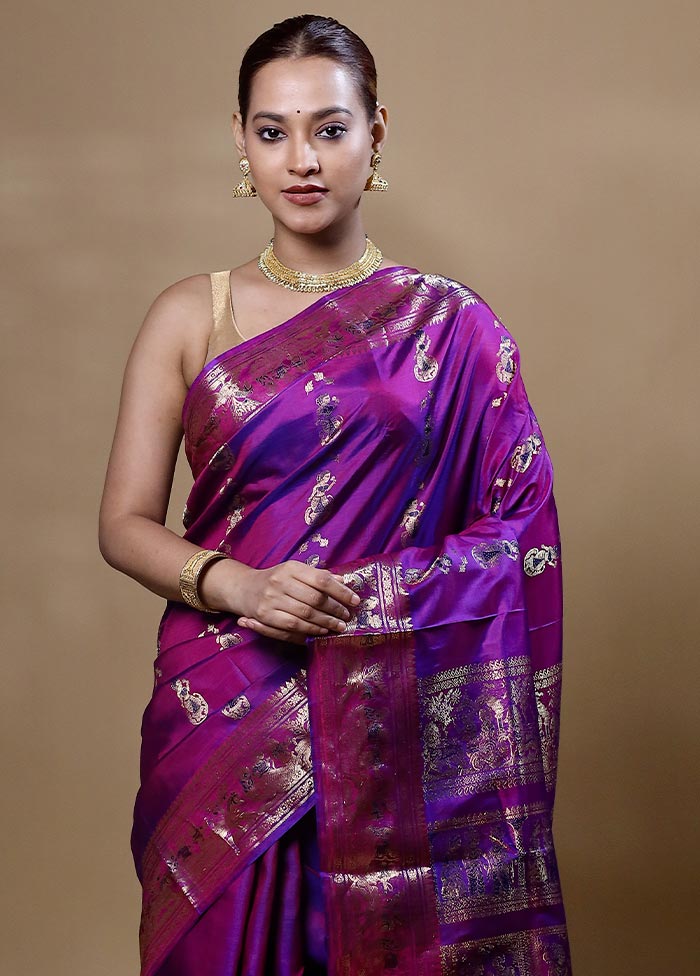 Purple Handloom Baluchari Pure Silk Saree With Blouse Piece