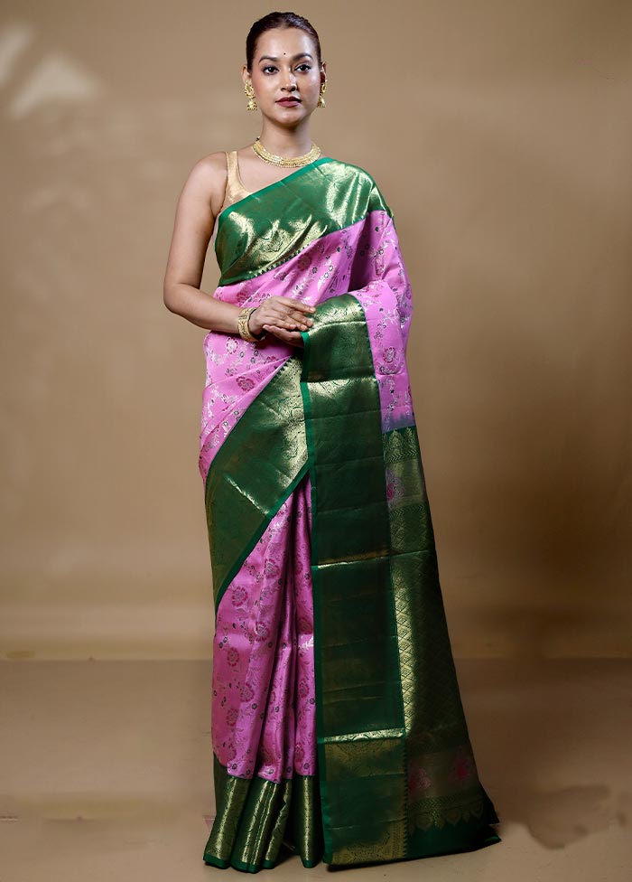 Purple Handloom Kanchipuram Pure Silk Saree With Blouse Piece