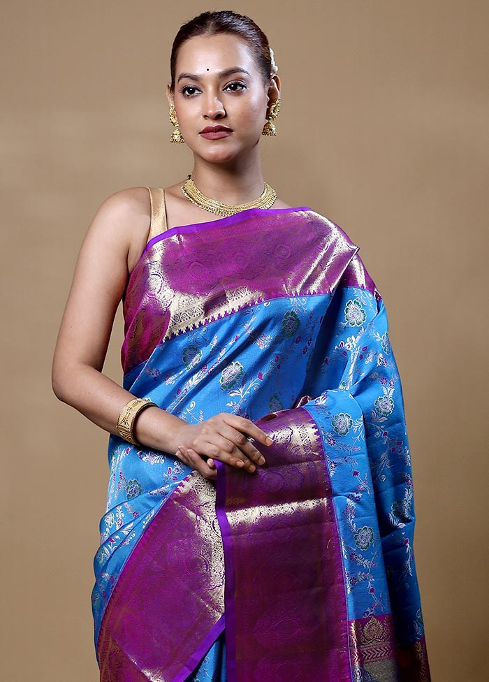 Blue Handloom Kanchipuram Pure Silk Saree With Blouse Piece