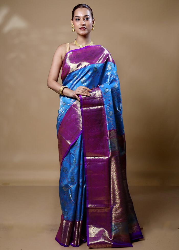 Blue Handloom Kanchipuram Pure Silk Saree With Blouse Piece