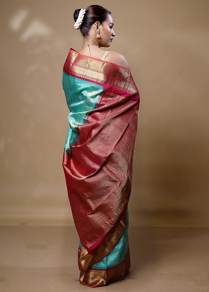 Blue Handloom Kanchipuram Pure Silk Saree With Blouse Piece