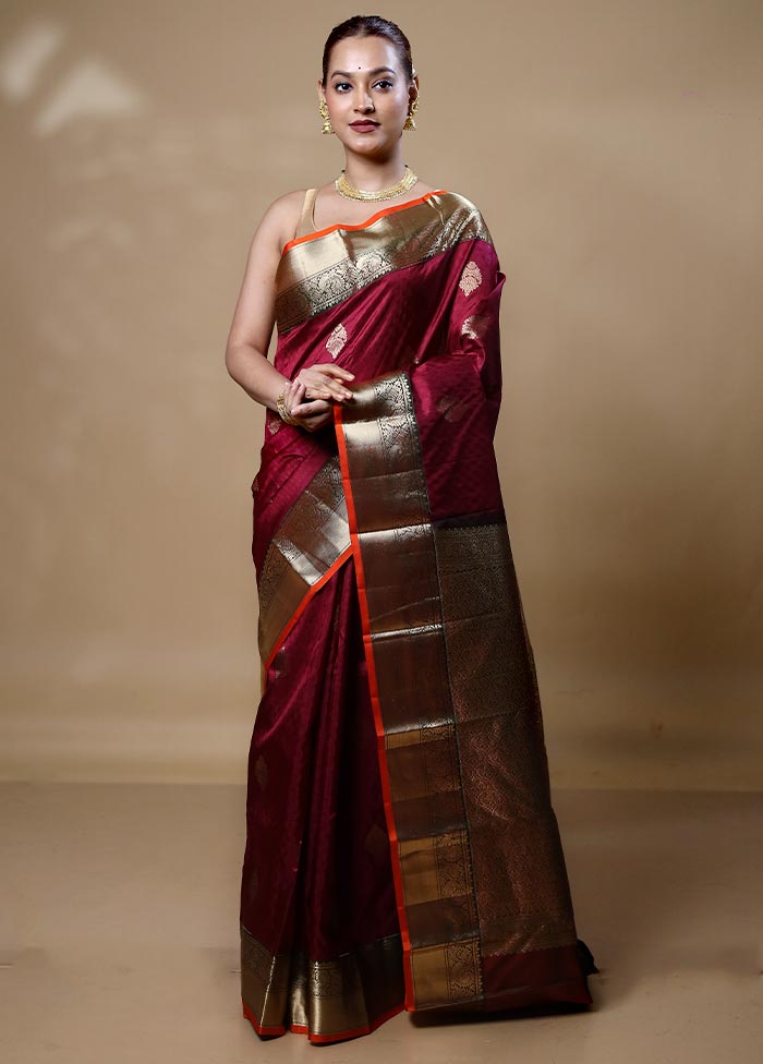 Maroon Handloom Kanchipuram Pure Silk Saree With Blouse Piece