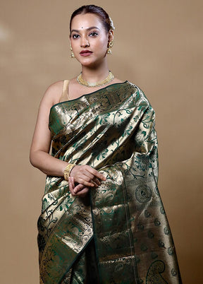 Green Handloom Kanjivaram Pure Silk Saree With Blouse Piece