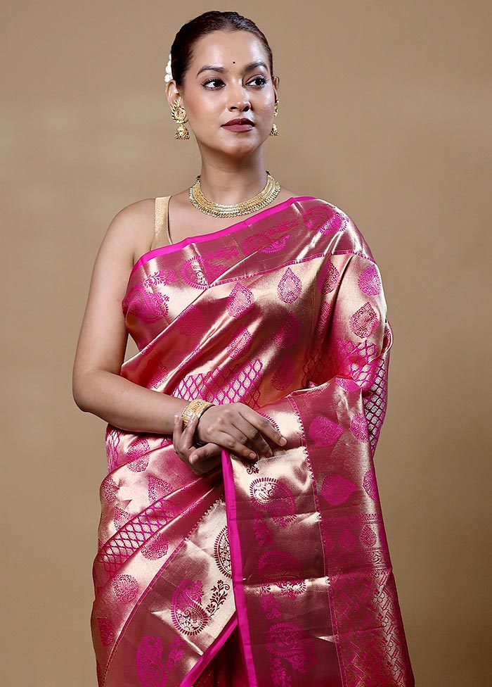 Pink Handloom Kanjivaram Pure Silk Saree With Blouse Piece