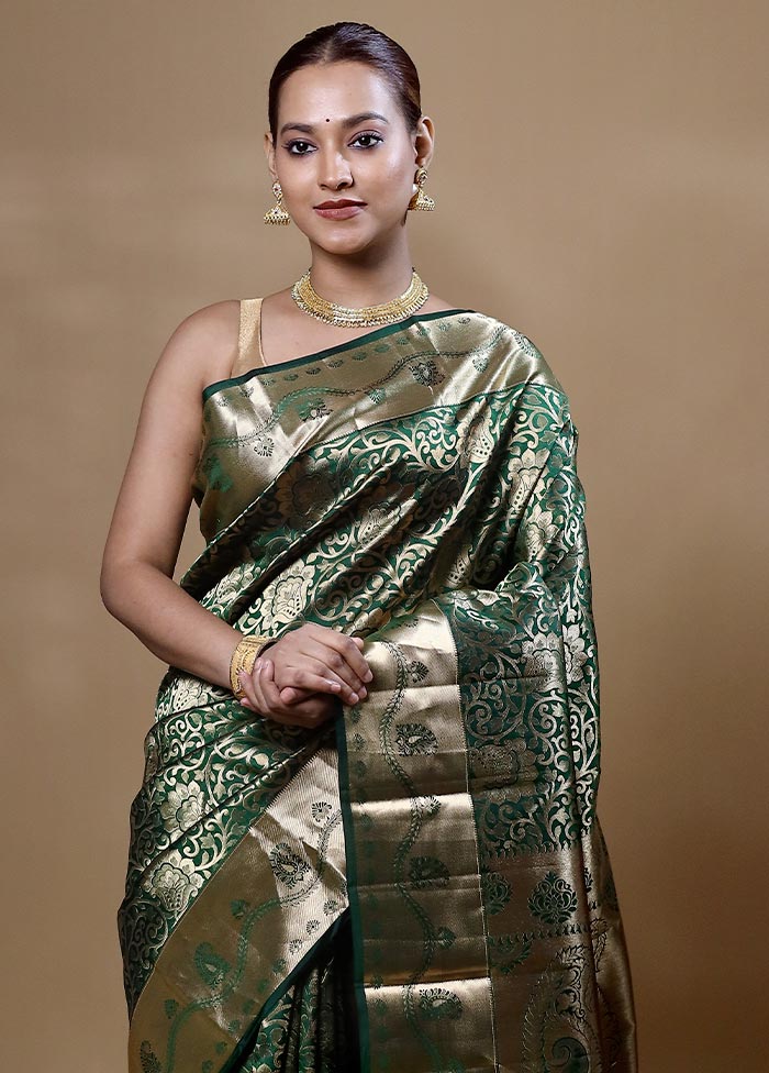 Green Handloom Kanjivaram Pure Silk Saree With Blouse Piece