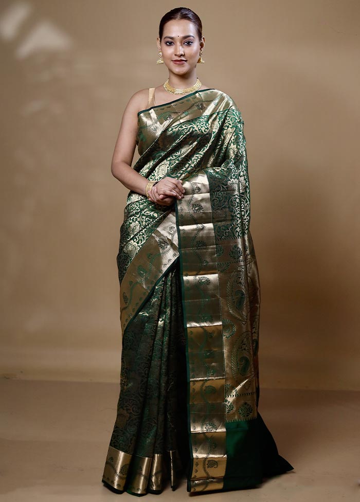 Green Handloom Kanjivaram Pure Silk Saree With Blouse Piece