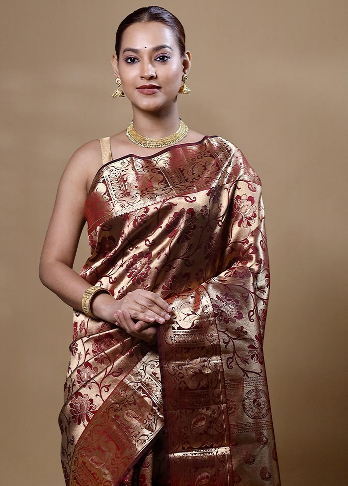 Maroon Handloom Kanjivaram Pure Silk Saree With Blouse Piece