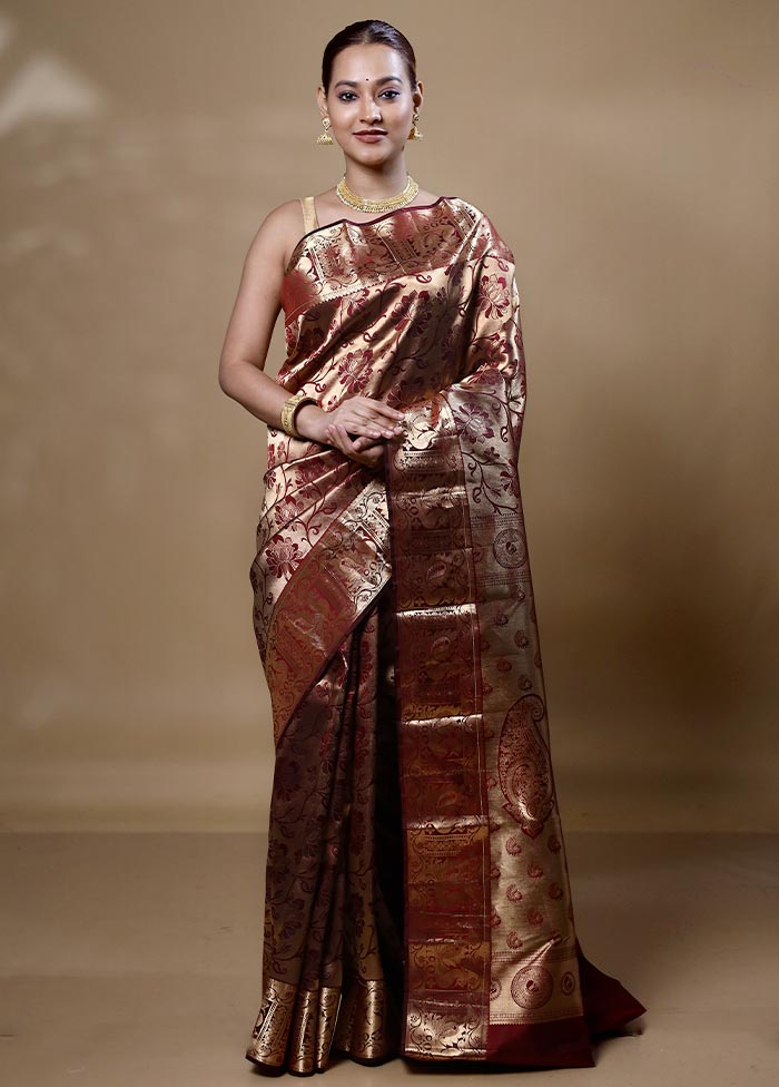 Maroon Handloom Kanjivaram Pure Silk Saree With Blouse Piece