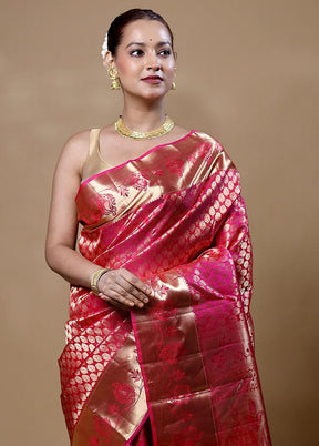 Pink Handloom Kanjivaram Pure Silk Saree With Blouse Piece