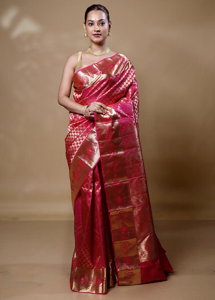 Pink Handloom Kanjivaram Pure Silk Saree With Blouse Piece