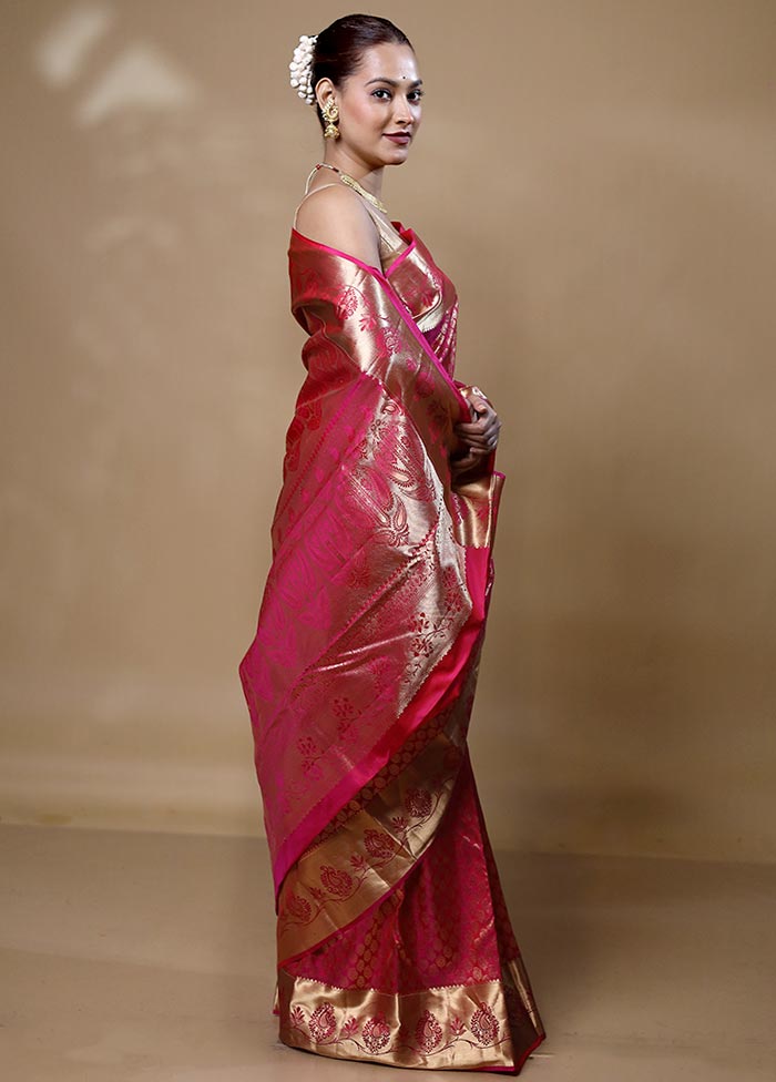 Pink Handloom Kanjivaram Pure Silk Saree With Blouse Piece