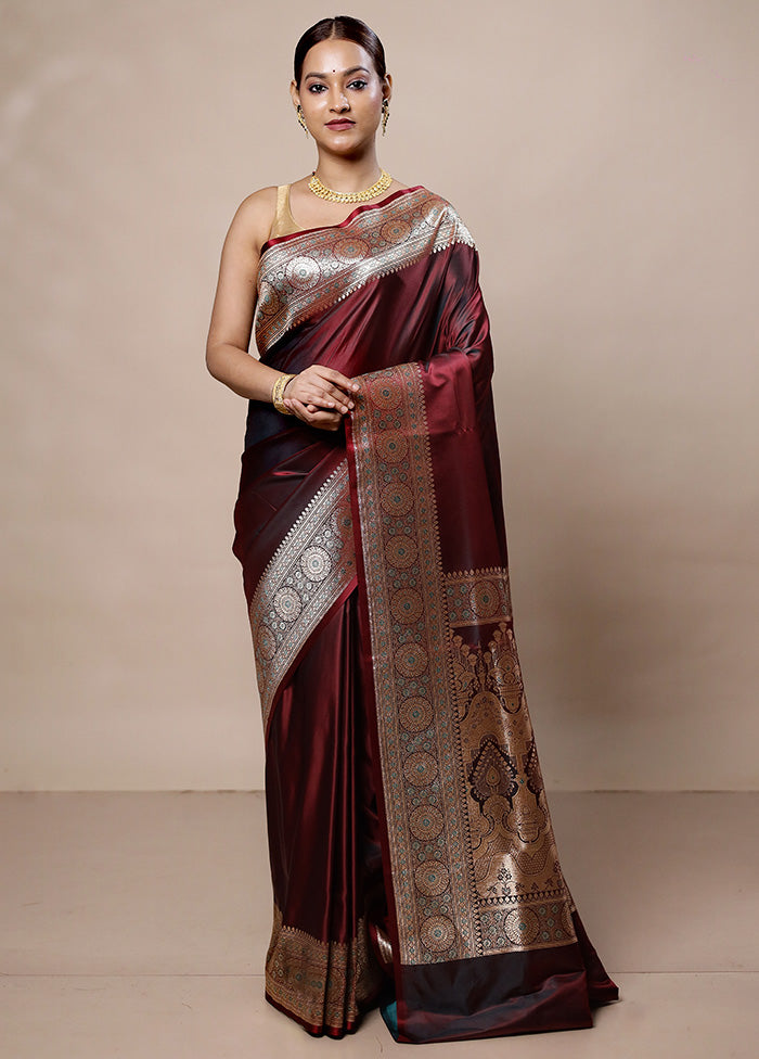 Maroon Banarasi Silk Saree With Blouse Piece