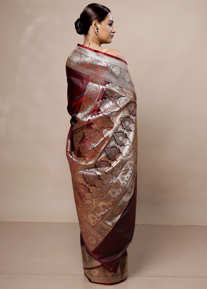 Maroon Banarasi Silk Saree With Blouse Piece