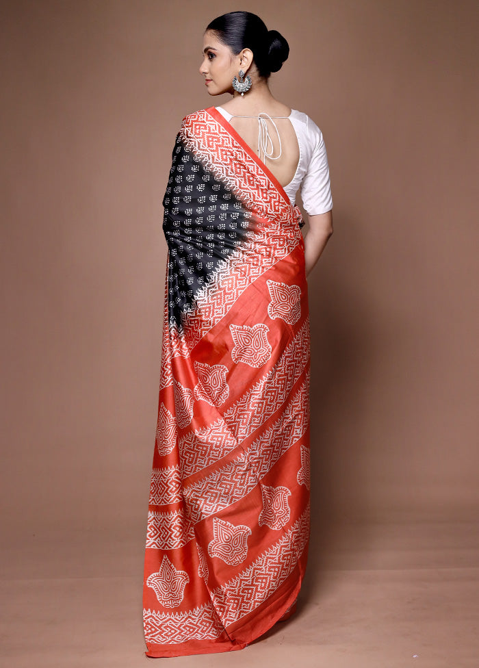 Black Printed Silk Saree Without Blouse Piece