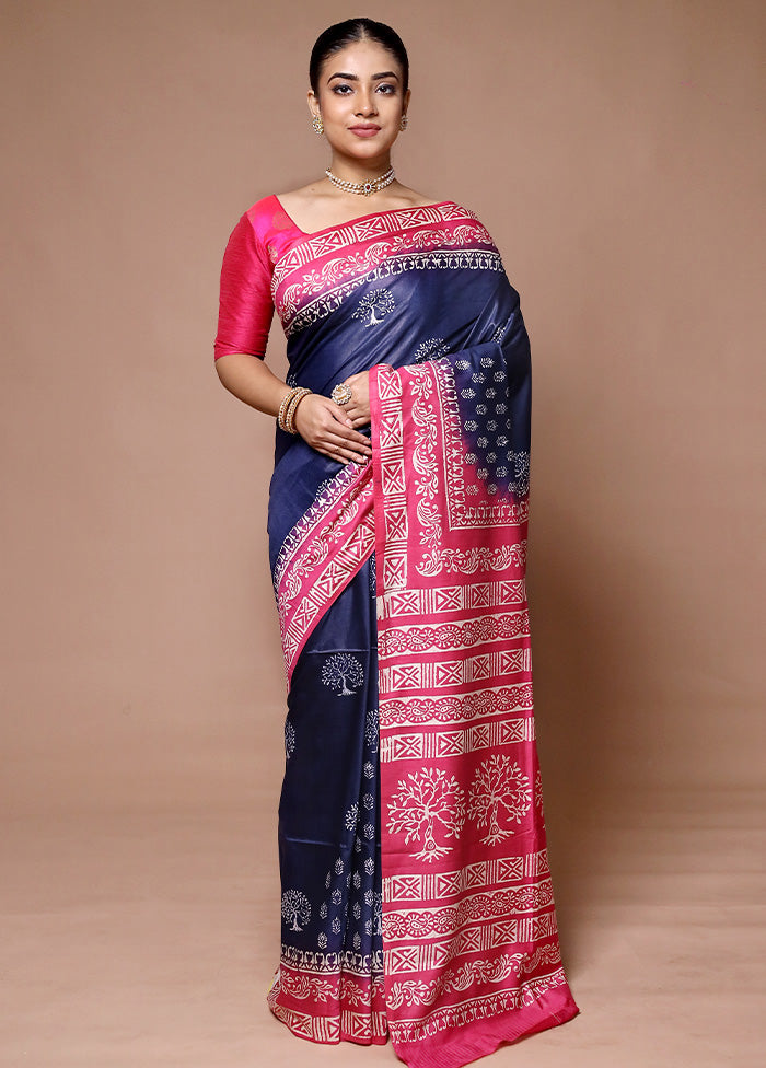 Blue Printed Silk Saree Without Blouse Piece